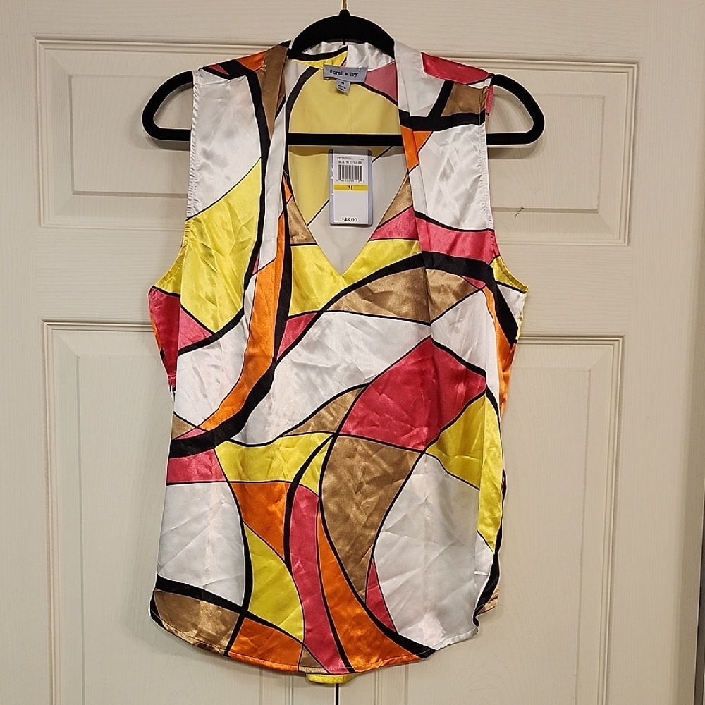 Yellow and Pink Graphic Sleeveless Blouse